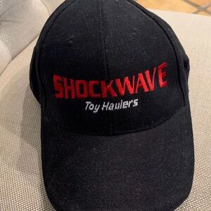 Vintage trucker hat Shockwave Toy Haulers Black with Red LOGO Tuck Strap w snap